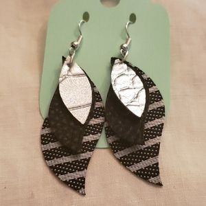 Faux Leather Tri Stacked Black/Silver Earrings